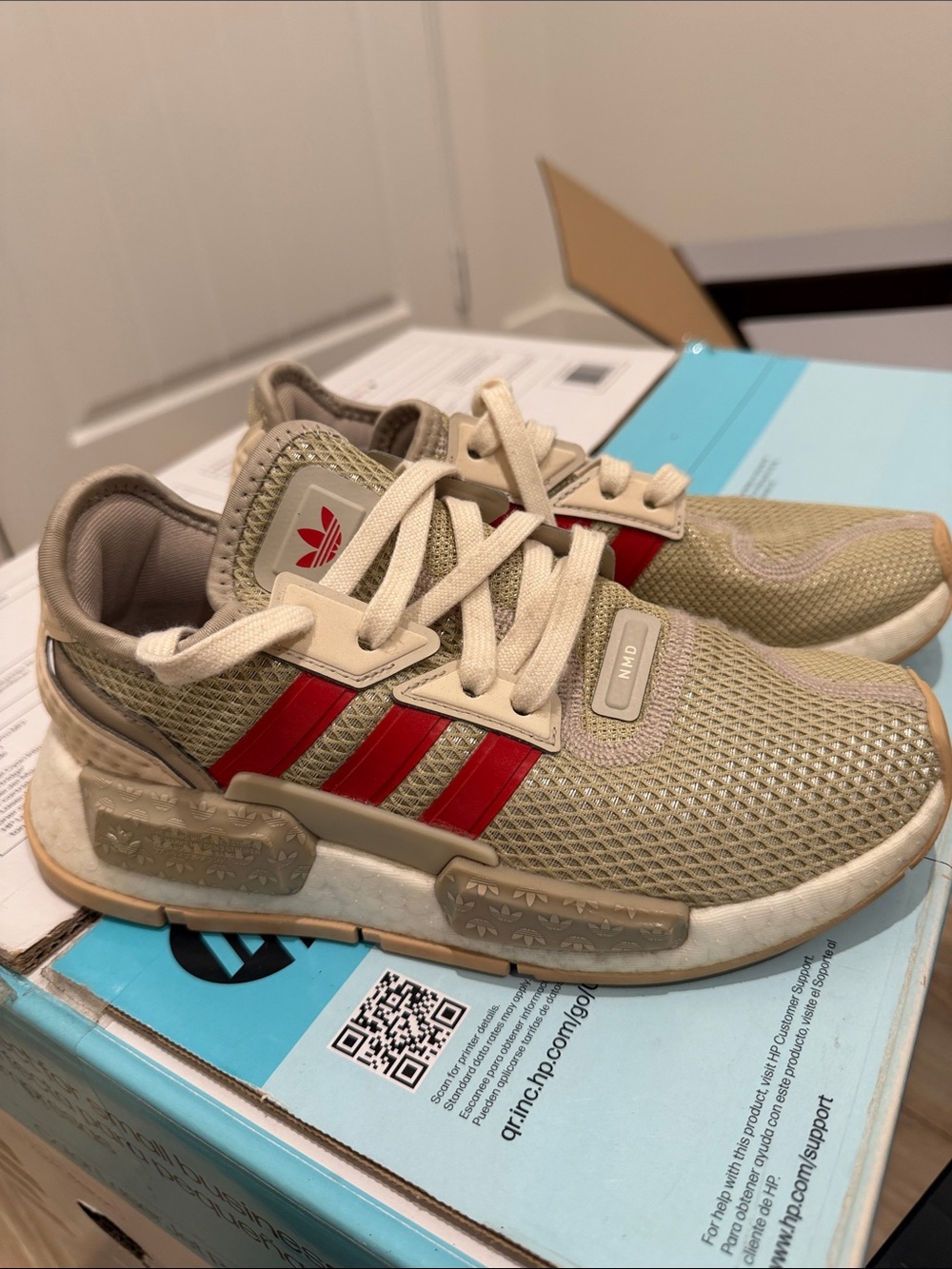 adidas Kids Beige Mesh Sneakers with Red Three Stripes